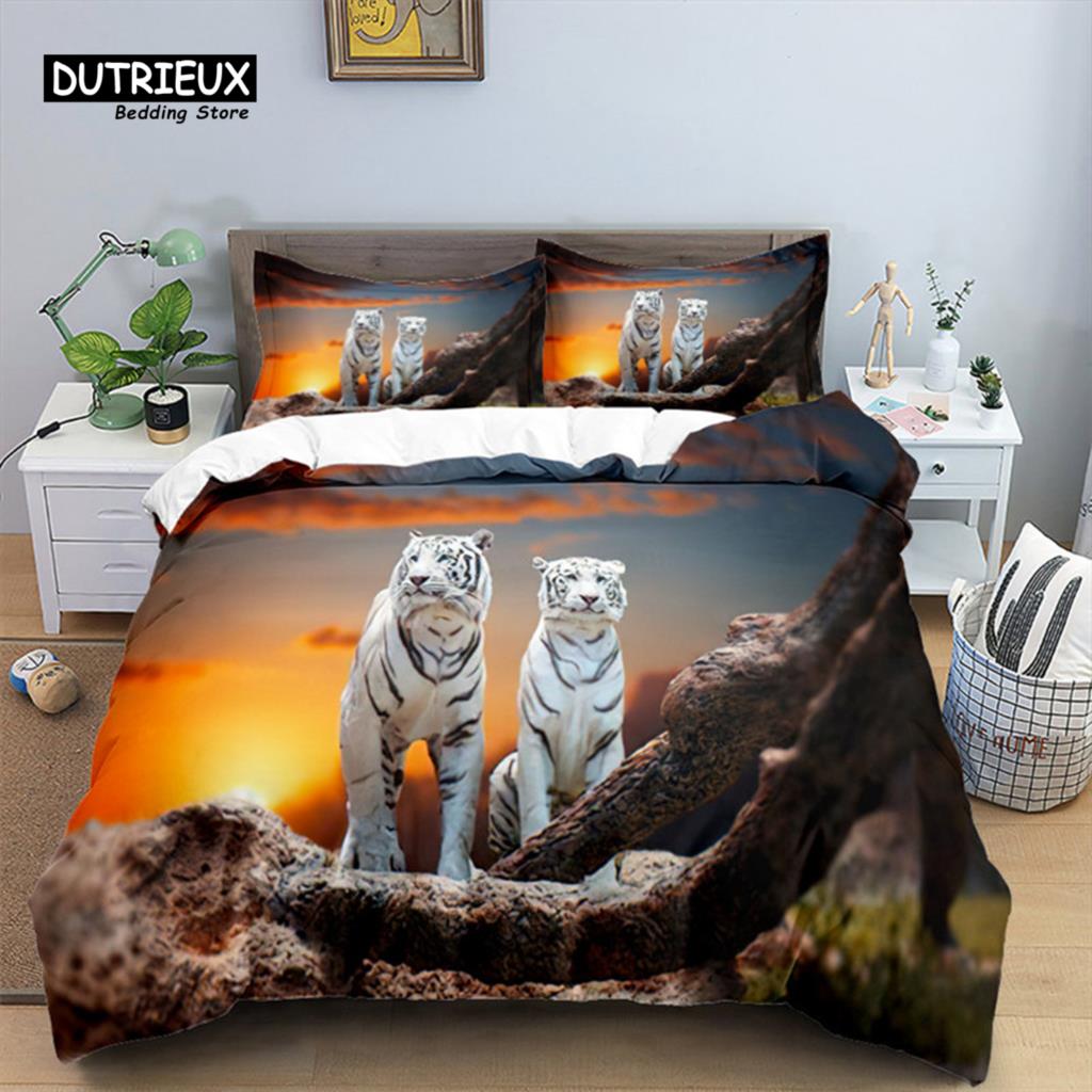 Tiger Duvet Cover Set Queen Size African Animal Bedding Set Tropical Wild Animal Leopard Comforter Cover For Kids Adults Decor