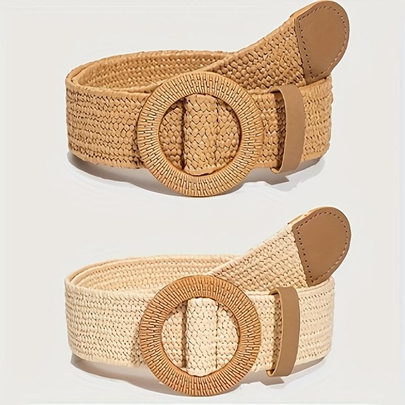 PP Casual Beach Fashion Grass Belt with Round Wooden Buckle for Women's Dress