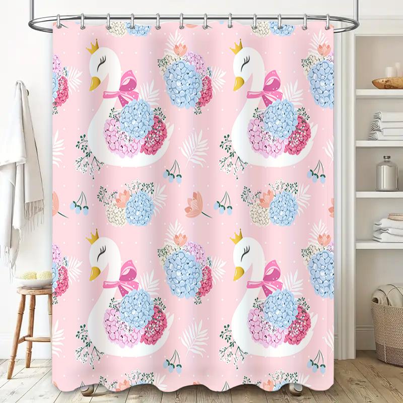 Pink Bath Shower Curtain with Swan Print Home Decoration for Bathroom Waterproof Fabric Printed Curtains Pink