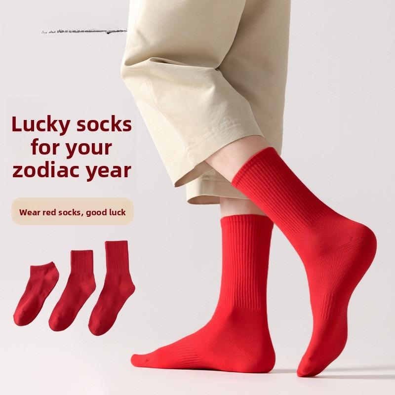 Red Socks, Same Style for Both Men and Women, Mid-length Socks for Autumn and Winter, New Year Socks, Wedding Couple Pair of Red Socks
