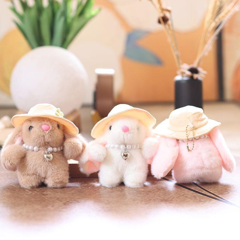 Simulated Decor Pearl Embroidered Flower Hat Cartoon Rabbit Plush Toy Pendant