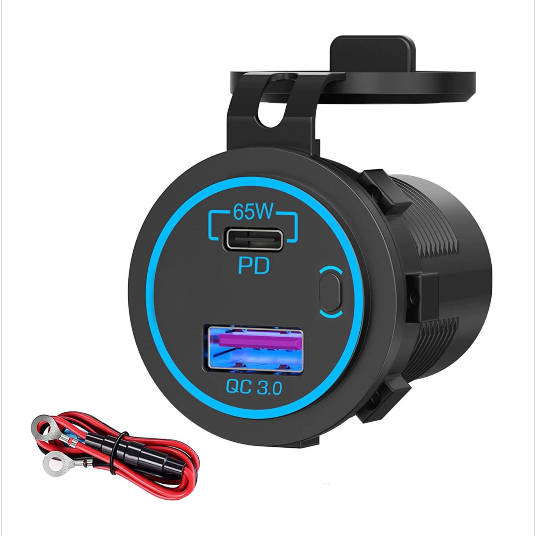 

65 Вт PD автомобильное зарядное устройство 12 В 24 В USB-розетка для ноутбука мотоцикла USB-C PD QC 3.0 USB-порт розетка водонепроницаемая с выключателем питания для автомобиля RV синий