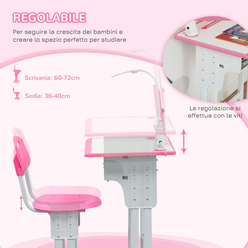 Scrivania e Sedia per Bambini Set Altezza Regolabile Studio Tavolo Set con Cassetto, Supporto per Libri, Portapenne - Rosa