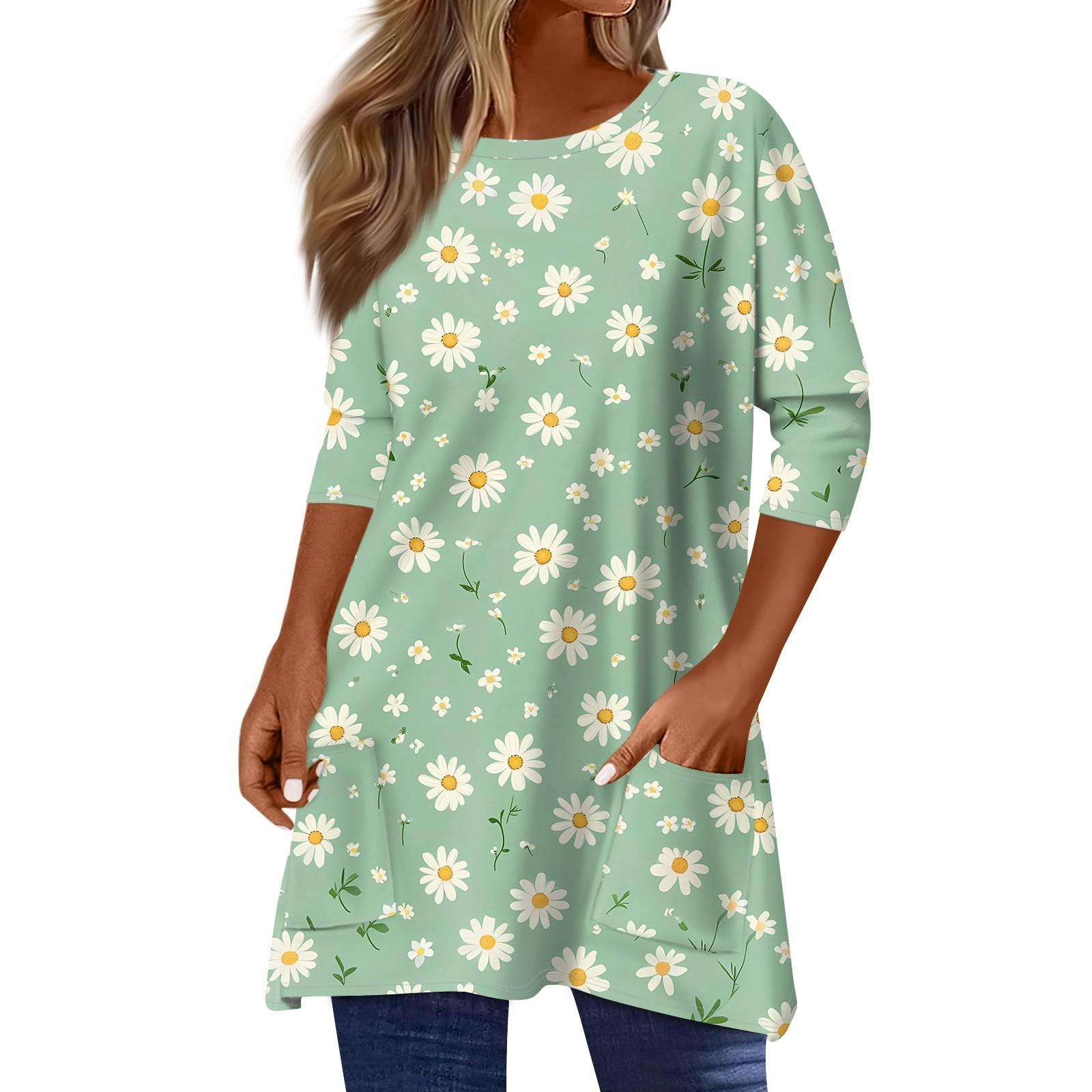 

3/4 Sleeve Pocket Tops For Women Print Mid-length T Shirt Round Neck Blouse M