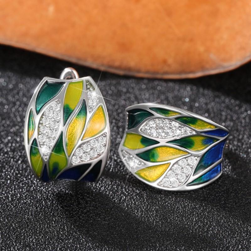 

Huitan Bohemian Style Hoop Earrings for Women Green/Yellow/Blue Leaf Design Handmade Enamel Earrings with CZ Stone Newly Zircon