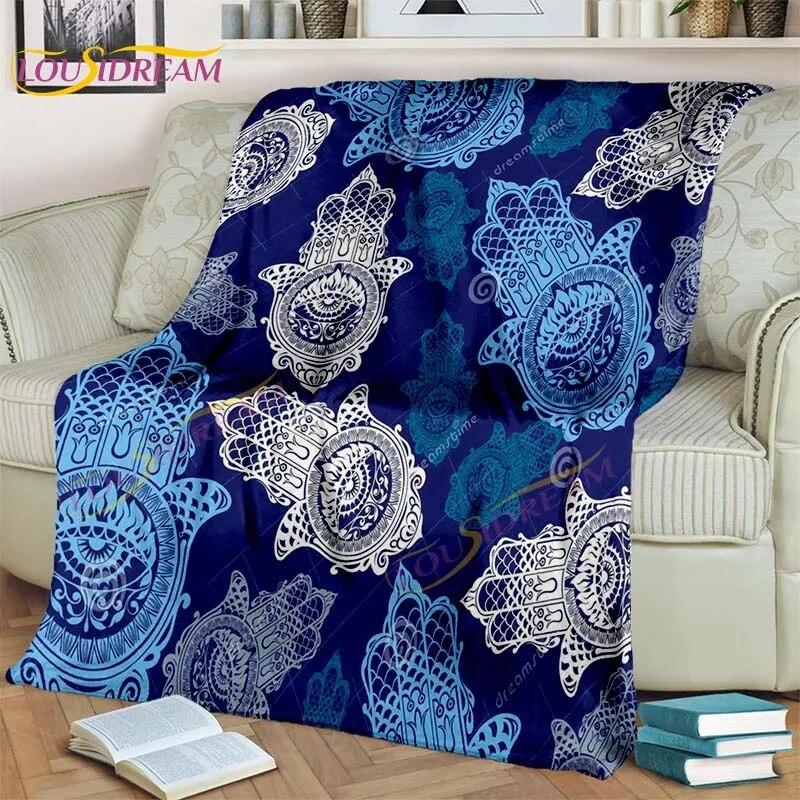Bule Evil Eye Blanket Hamsa Hand Psychedelic Blanket for Travel Bedding Chair Adult Lightweight Bohemian Style Blanket Tapestry