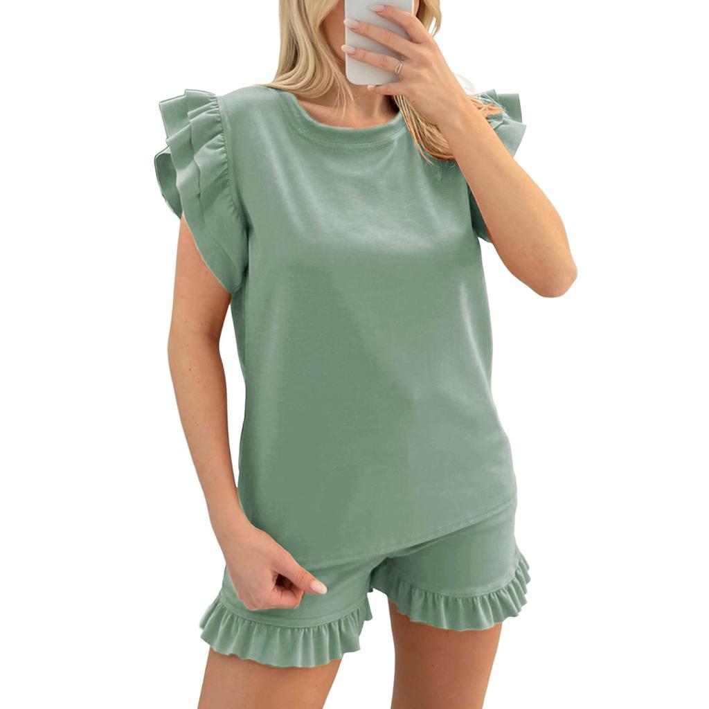 Seturi de ținute 2 piese pentru femei, bluză cu mâneci cu volan, cămașă, pantaloni scurți cu talie înaltă, cu buzunare