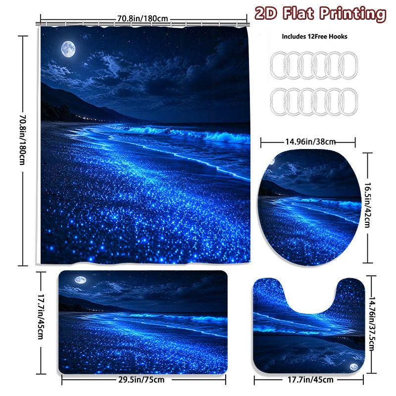 4Pcs Bioluminescent Beach Shower Curtain Set with Non-Slip Bath Mat, Toilet Lid Cover, Contour Rug & 12 Hooks, Bathroom Decor