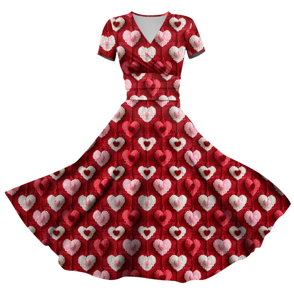 Ladies' Fashion Casual Valentine's Day Printed Twisted Strip Short Sleeve Pocket Dress