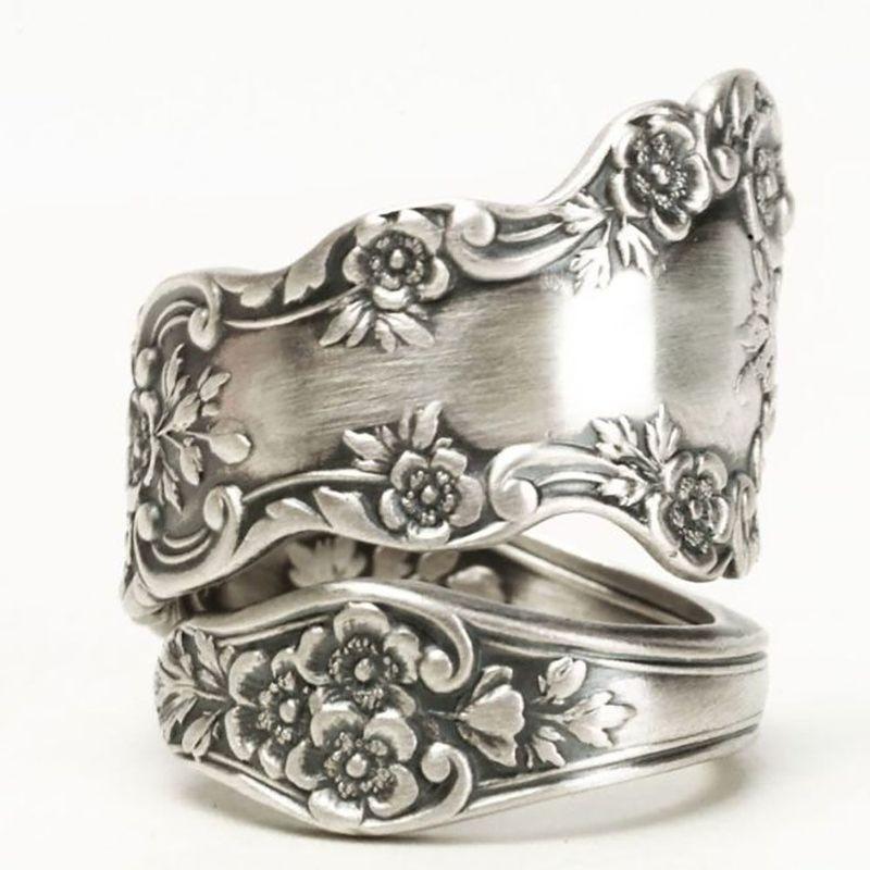 Vintage Silver Color Carving Lotus Flower Spoon Rings for Women Creativity Wedding Engagement Party Jewelry Gift