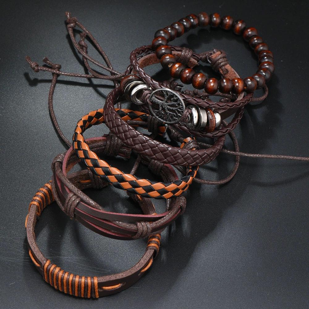 European & American Retro Zinc Alloy Tree of Life Multi-Layer Men's Bracelet Set - 6 Pieces