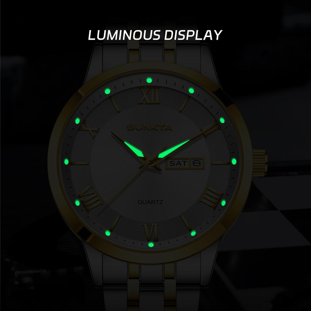 SUNKTA Design Man Business Watch Fashion Classic Stainless Steel Clock Date Week Luminous Quartz Men Watches Montre Homme