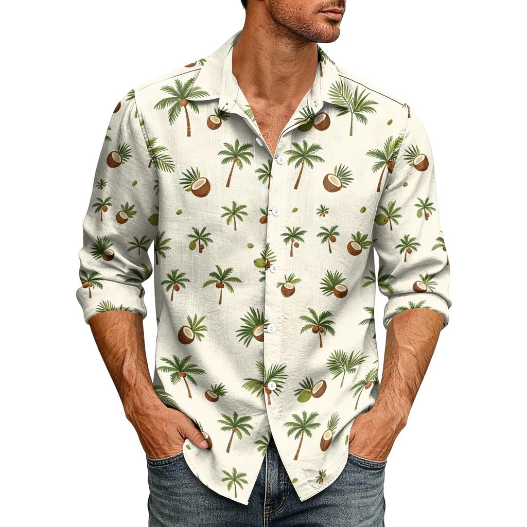 Men's Loose Fit Long Sleeve Shirt Hawaiian Style Retro Casual Button Down Collar Shirt Suitable for Spring and Autumn Wear