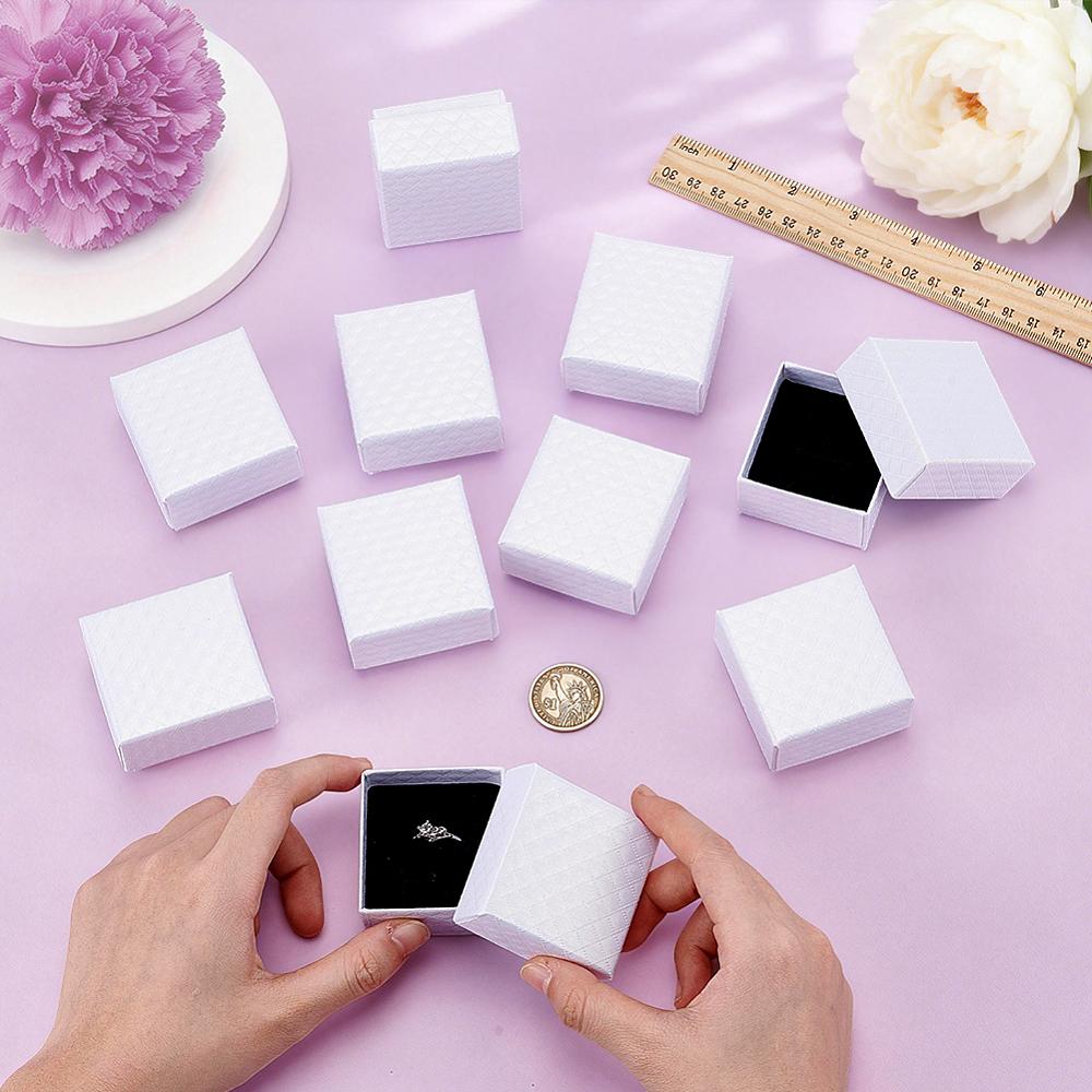 30pcs Rhombus Textured Cardboard Ring Storage Boxes with Sponge Inside Square White 5.6x5.2x3cm