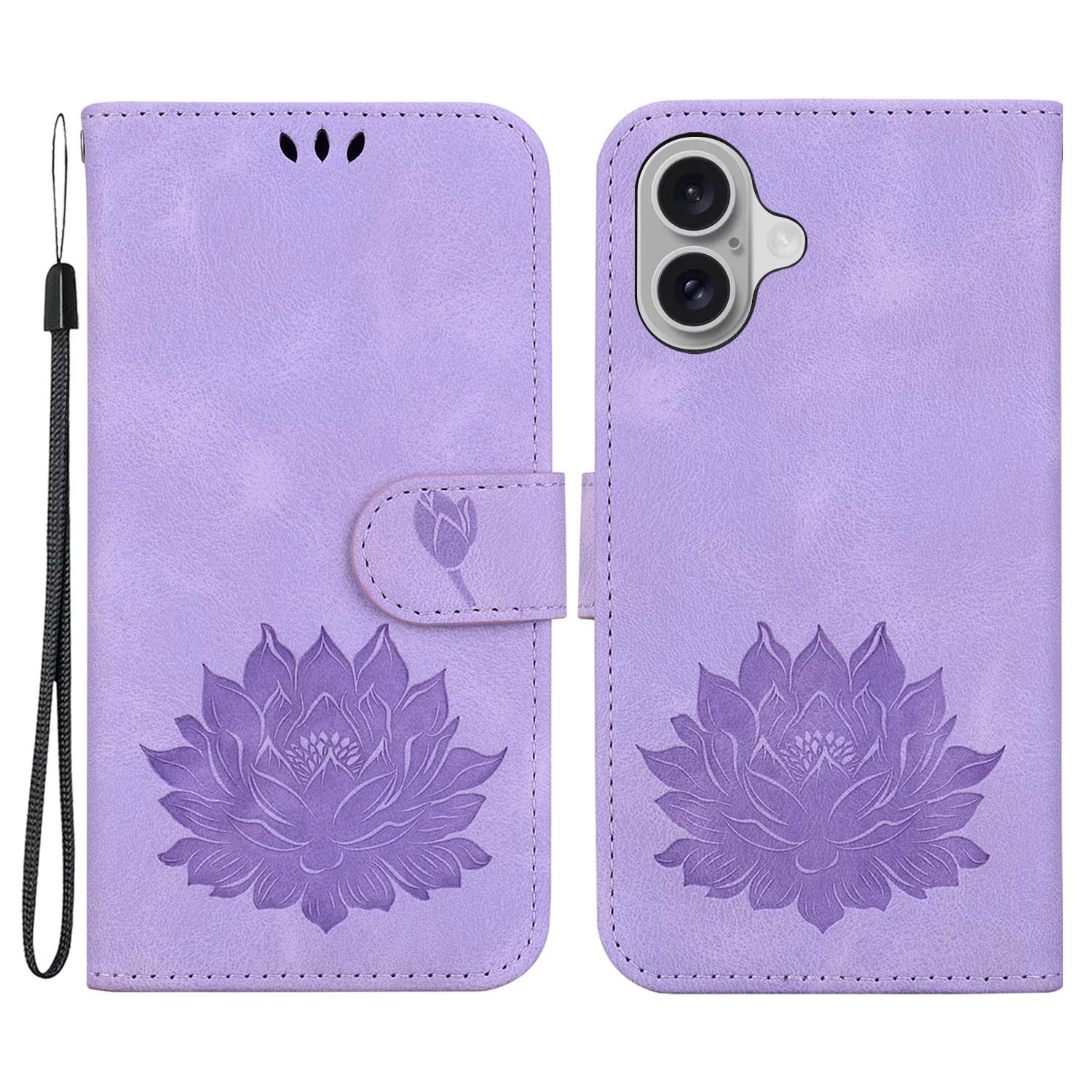 For iPhone 16 Phone Case Lotus Imprint Leather Stand Wallet Cover C