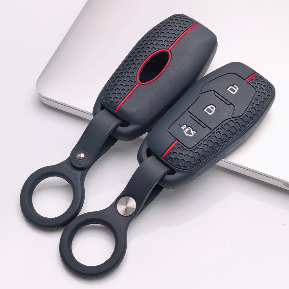 Silicone Key Cover with Keychain for Ford 3 Button Smart Key, Fits Ford Focus Mondeo Kuga Escape MK4 Mustang Against Non-Slip Honeycomb Grip