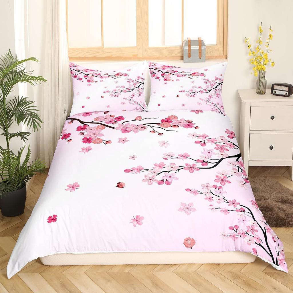 Pink Cherry Blossom Three-Piece Spring Flower Duvet Cover Girl Room Decoration Bedding