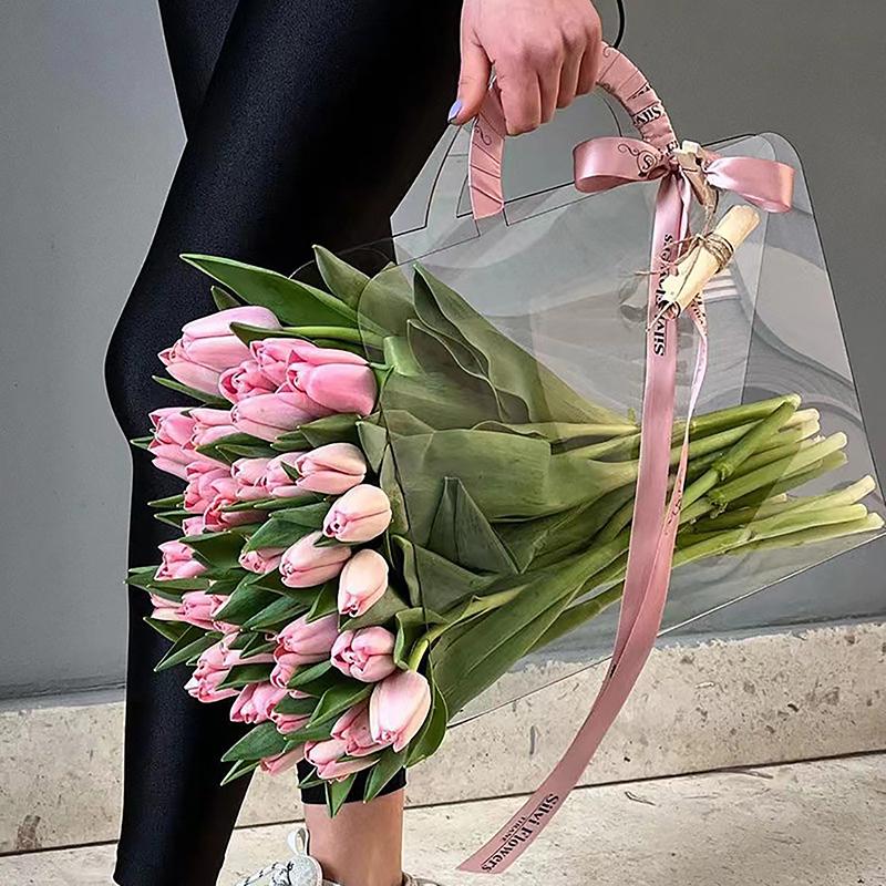 1Pc Transparent Pet Fresh Flower Bouquet Handbag Flowers Wrapping Handbag Festivals Party Rose Package Portable Packing Bag