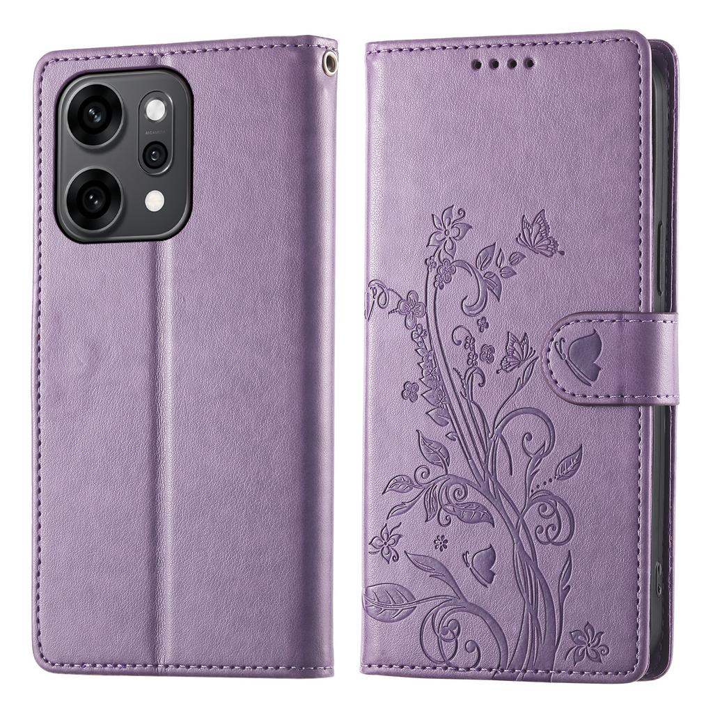 För Oppo Reno14 Pro 5G (Global) Plånboksfodral Fjäril Blommigt Tryck PU-läder Telefonskydd med Handledsrem