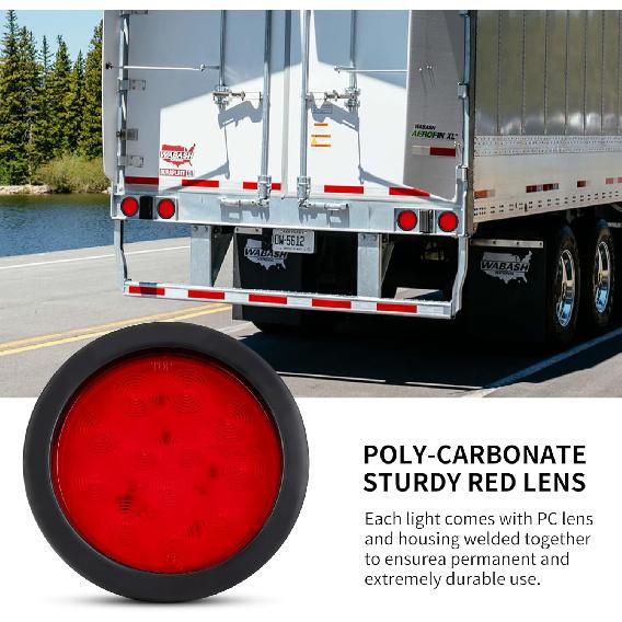2PCS 4" Round Red LED Trailer Tail Lights - 12 Diodes 3-In-1 Stop/Brake/Turn Lights W/Surface Mount Grommets & 3-Prong Pigtails For Truck Trailer RV