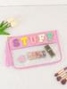 Transparent PVC Zipper Snack Bag with Embroidered Letters - Portable PU Waterproof Makeup and Toiletry Handbag