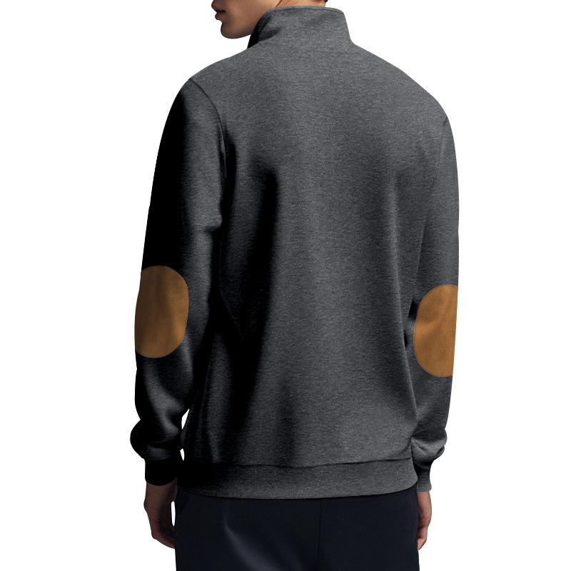 Bluză sport bărbătească cu fermoar scurt, guler de culoare contrastantă, patch-uri la coate, pulover, casual, largă, ușoară, din fleece, pentru purtare zilnică