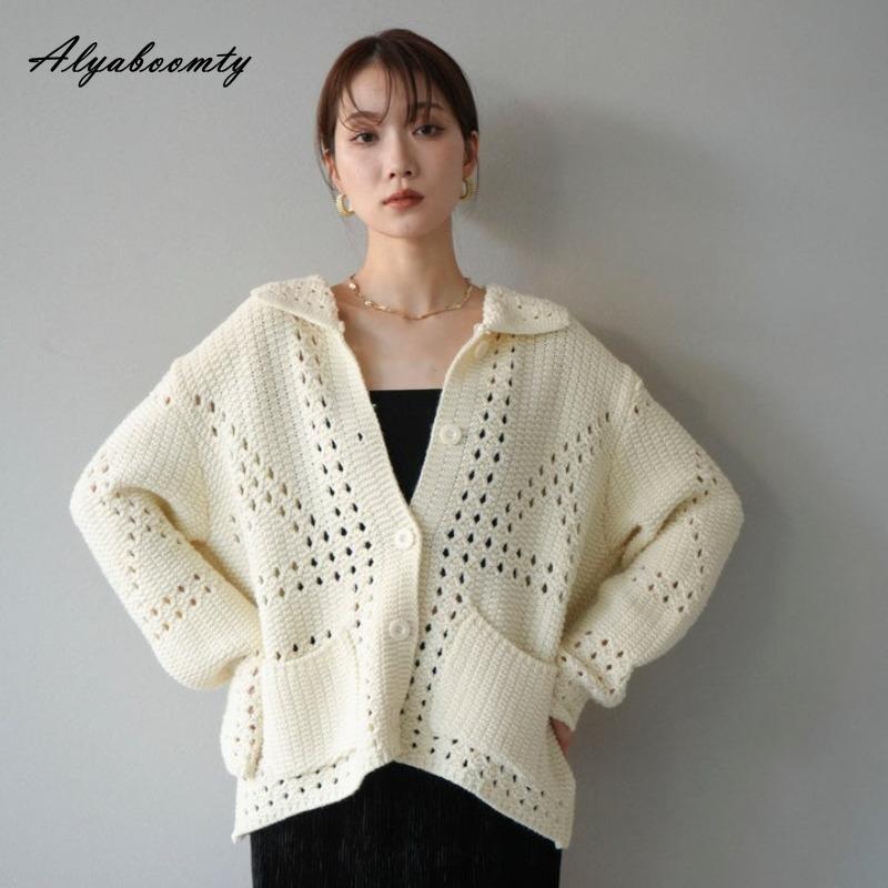Korean Fashion Spring Autumn Women Knitted Cardigan Turn-Down Collar Knitting Oversized Coat Baggy Beige Hollow Out Outerwear With Pockets