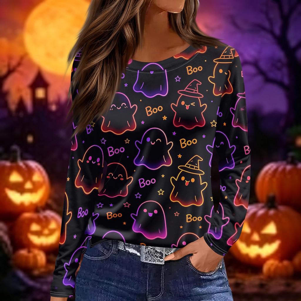 Women's Fashion Long Sleeve Top Halloween Print Round Neck Pullover Shirt with Split Hem Casual Wear for Autumn and Winter