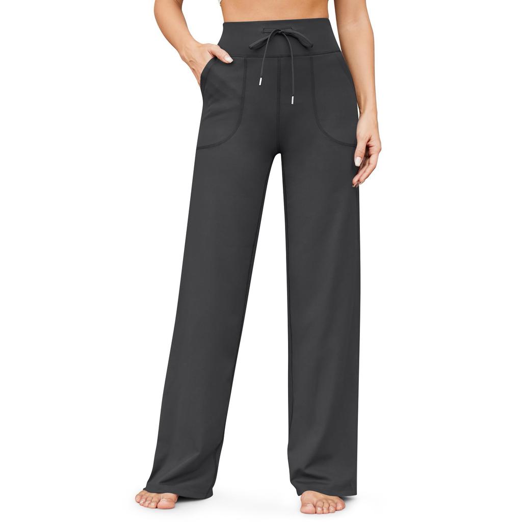 Women's High Waist Drawstring Pocket Flared Yoga Pants Solid Color Loose Wide Leg Sports Long Trousers