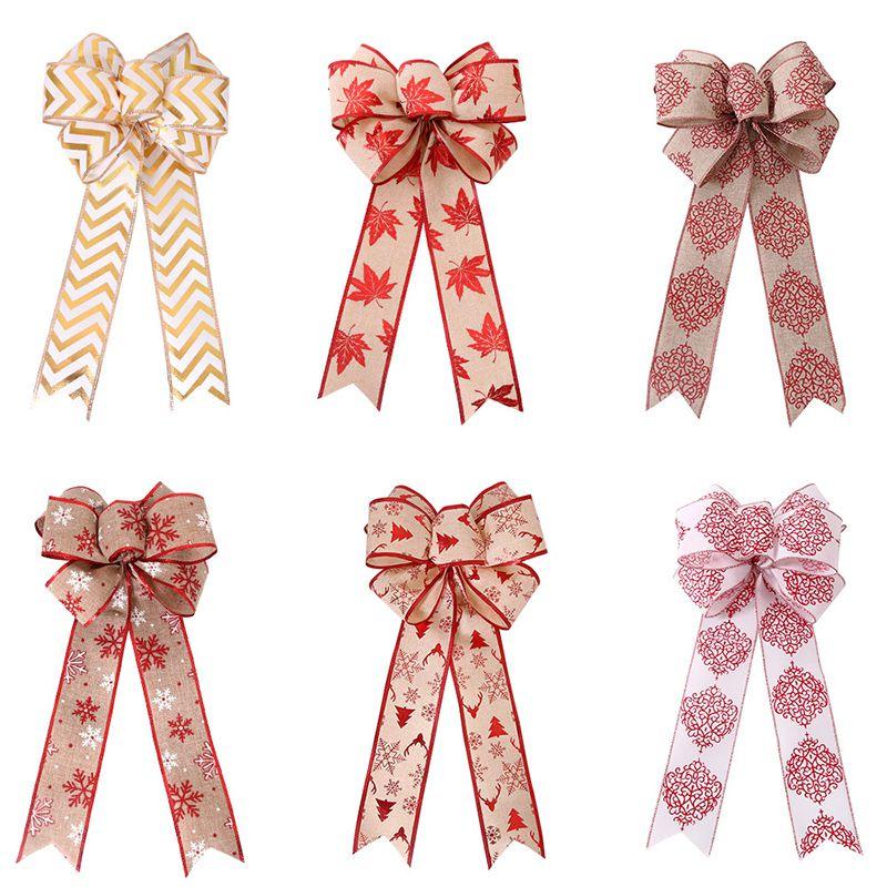 High Quality Linen Christmas Tree Bow Ornaments With Snowflake And Leaf Patterns