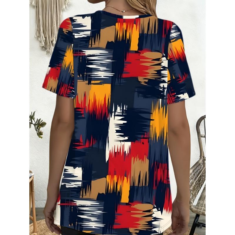 Women's Vintage Color Block T-Shirt Short Sleeve Crew Neck Blouse Brushstroke Plaid Print Top with Pockets