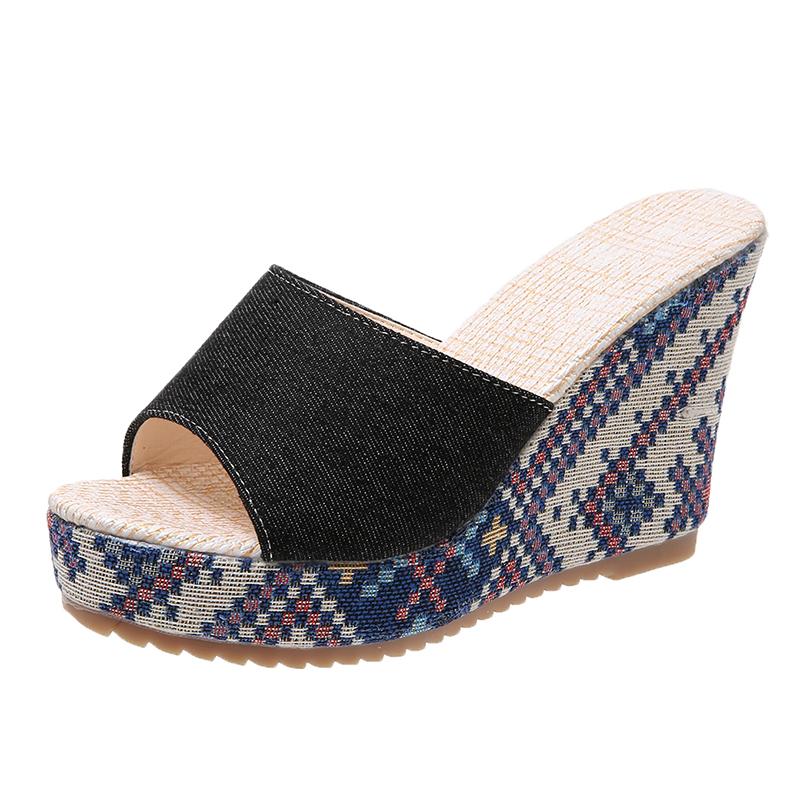 

модные женские туфли на танкетке летние сандалии на платформе удобные повседневные скользящие пляжные уличные женские повседневные сандалии Mujer женская обувь 35 чёрный