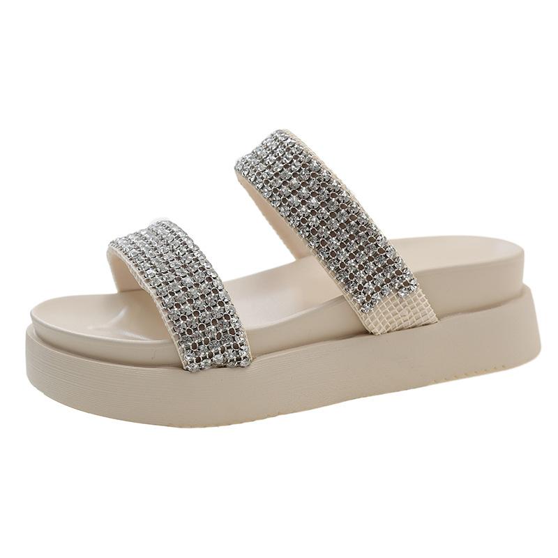 

Rhinestone one-word drag women wear ins tide 2025 new summer one-word drag thick-bottomed muffin half-tray cool slippers 35