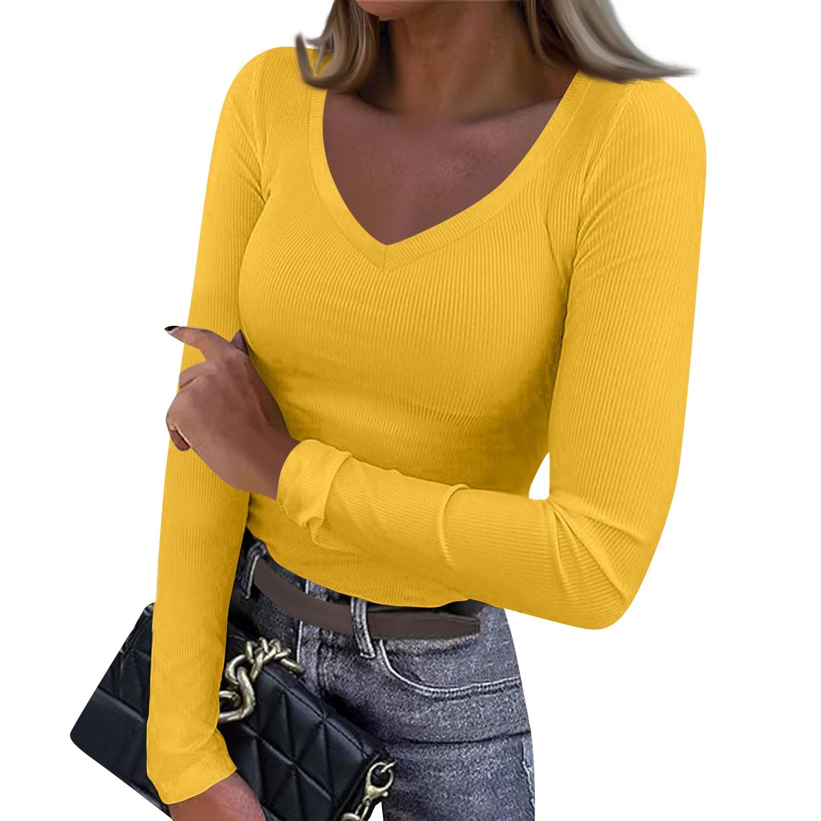 

Женская и зимняя футболка с тонким низом, модный повседневный однотонный свитер с V-образным вырезом и длинным рукавом S жёлтый