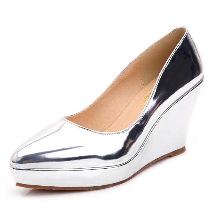 

wedges heel shoes for women pointed toe slip on platform ladies high heel dress pumps work party dacning wedding shoes 8 серебряный