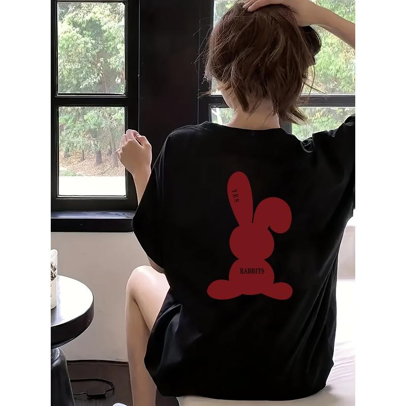 European sizes Red Rabbit Print Round Neck T-Shirt, Casual Short Sleeve Top for Spring And Summer, Women'S Clothing