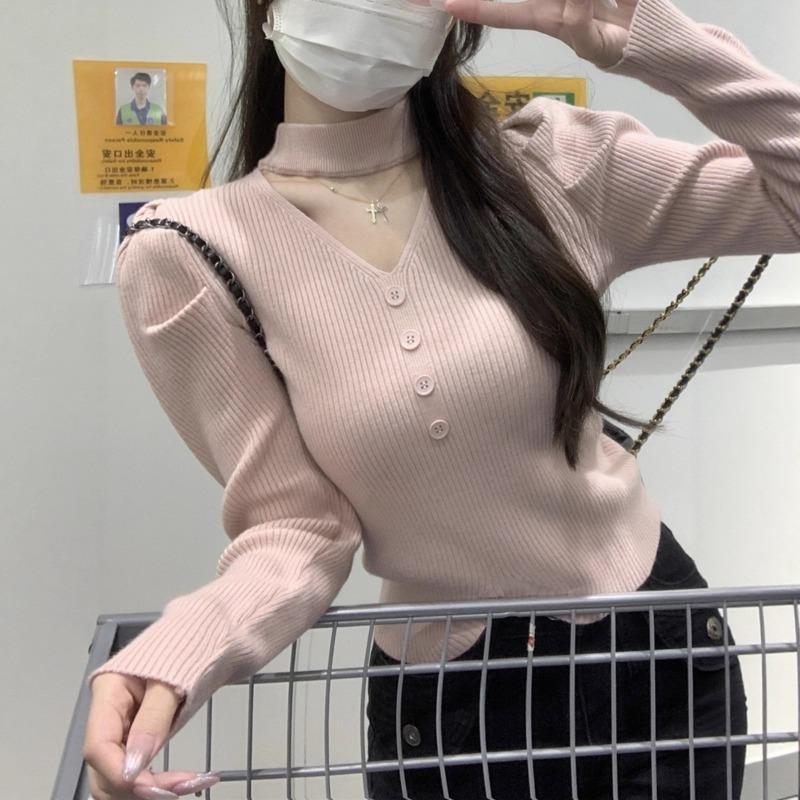 Neck Neck Long-sleeved Knitted Sweater Women's Spring and Autumn New Design Sense Slim-fitting Inner Bottoming Shirt Top