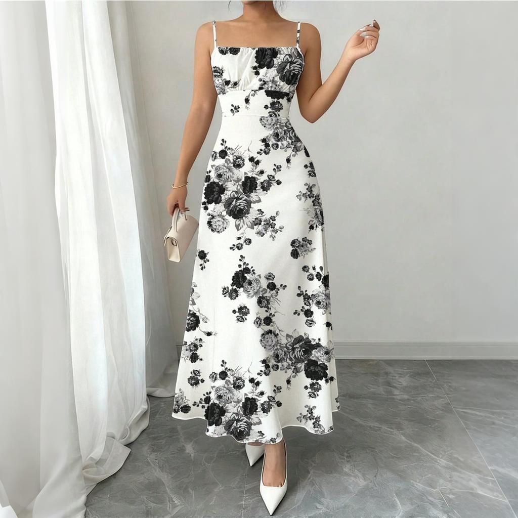Women’s Sleeveless Spaghetti Strap Long Dress with Floral Print Lightweight Fabric and Square Neckline for Summer
