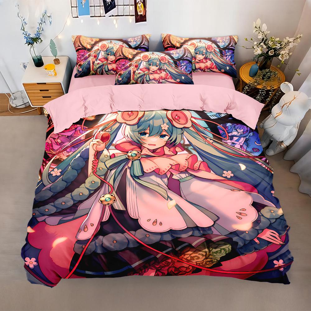 Miku Duvet Cover Set with Pillowcases 50x75cm Multiple Sizes Japanese Manga Hatsune Miku Bedding Set for Adult Kids Adult