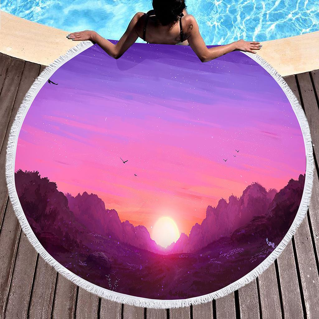 Sunrise Scenery Print Round Beach Towel,Polyester Soft Sand Resistant Beach Blanket,Absorbent Quick Dry Pool Towel Picnic Mat