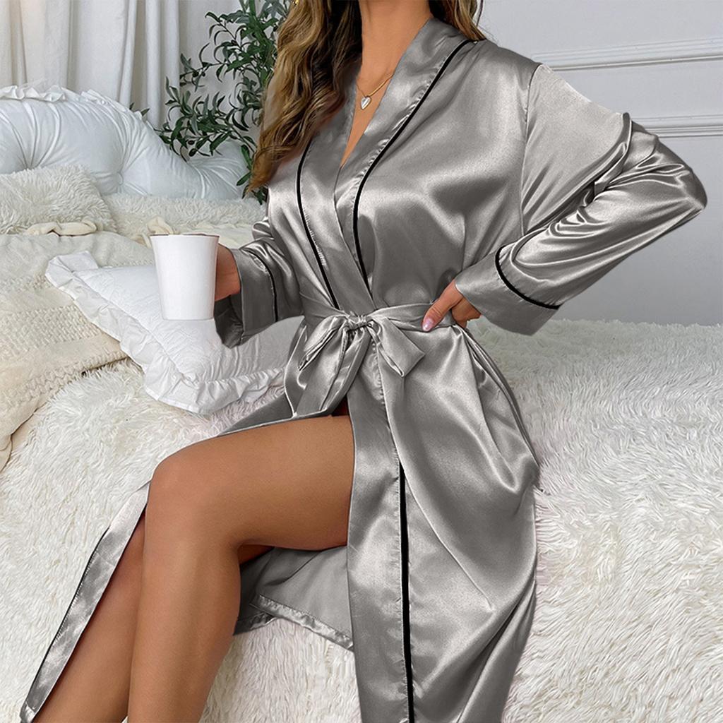 Women's Fashion Home Clothes Cardigan Bathrobe Long Sleeve Solid Color Nightgown