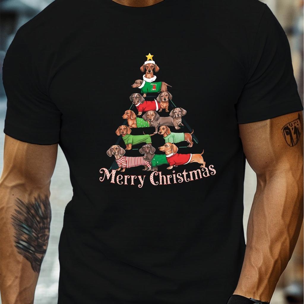 Dachshund Merry Christmas Tree Graphic Print Mens Casual Short Sleeve TShirt Crew Neck Cotton Tee