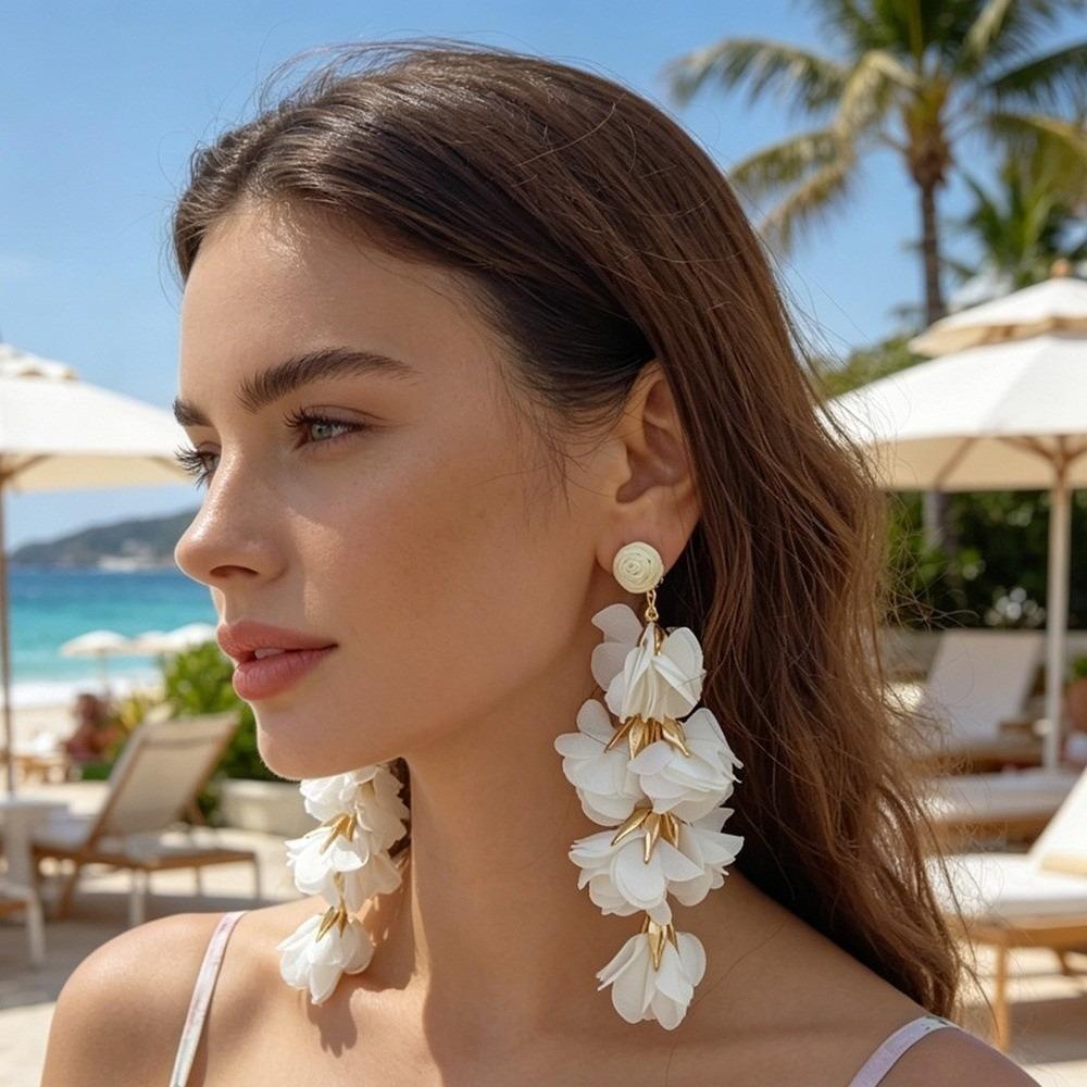 Colorful Fabric Flower Clip-On Earrings Petal Design Non-Piercing Earrings  Beach
