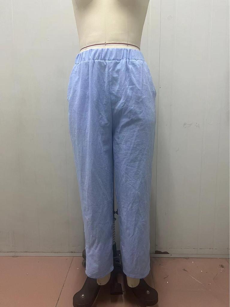 Women's Cotton-Linen Trousers: Solid Color, Casual, Side Pocket with Hollow Button Detail for Spring and Autumn