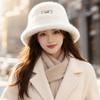 New Warm Bucket Hat Leather Label Basin Hat Simple Plush Hat Small Face Hat Big Head Circumference Women
