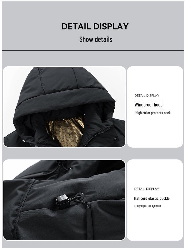 Men's Mid-Length Hooded Black Down Jacket - Thickened Winter White Duck Down Coat for Warmth