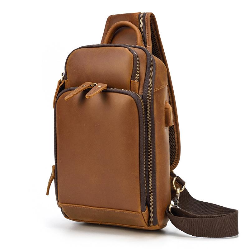 Retro Men'S Leather Breast Bag Usb Multifunctional Charging Crazy Horse Leather Crossbody Bag Men'S Shoulder Bag Large Capacity Backpack