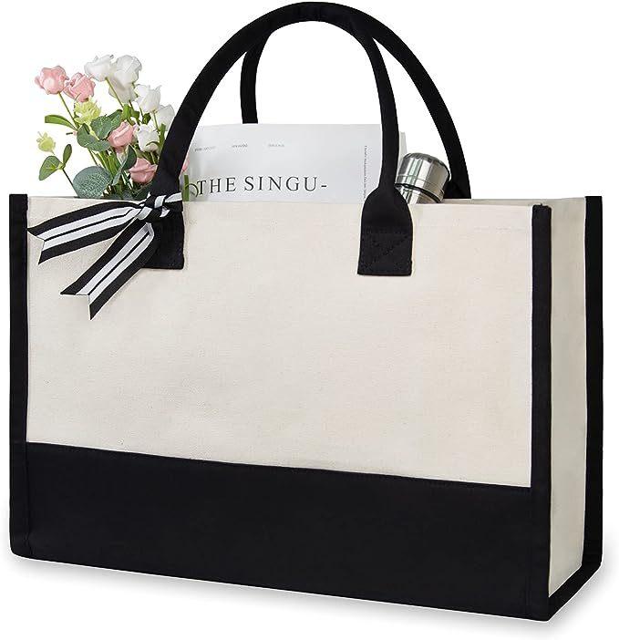 A-Z Letter Canvas Tote Bag Women Large Capacity Shoulder Handbag Contrast Color Thick Fabric Reusable Shopping Bag