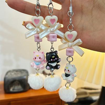 Y2K Cartoon Cat Plush Ball Beaded Mobile Phone Chain Cute Sweet Bow Kitten Phone Lanyard Keychain For Girls Camera Pendant