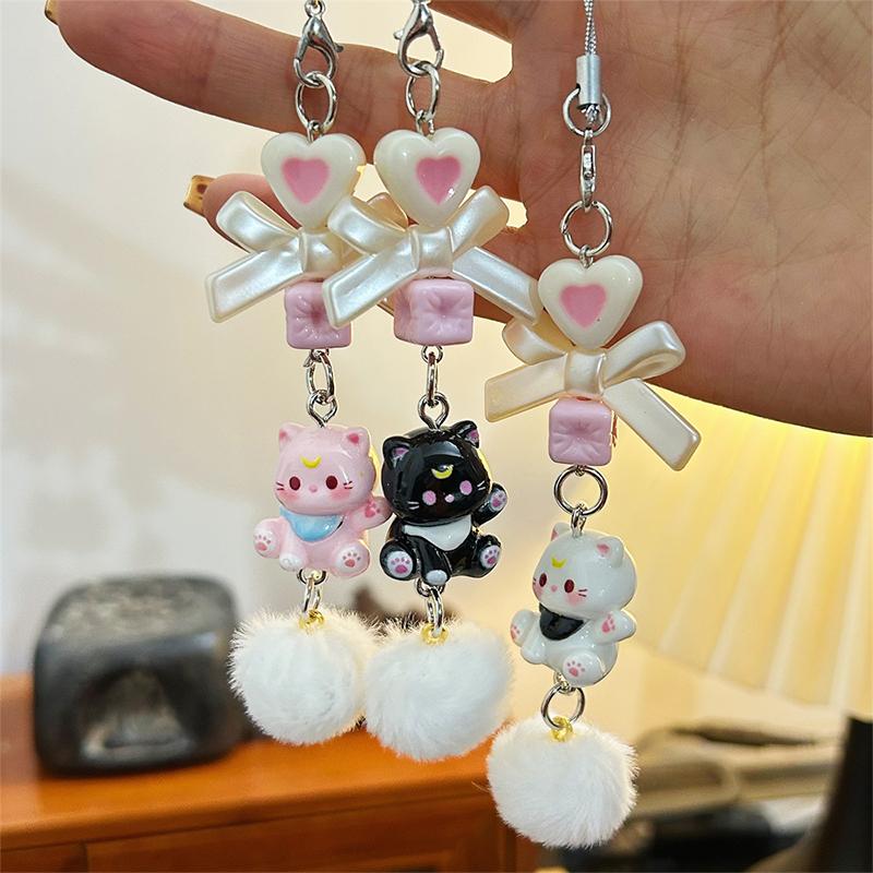 Y2K Cartoon Cat Plush Ball Beaded Mobile Phone Chain Cute Sweet Bow Kitten Phone Lanyard Keychain For Girls Camera Pendant
